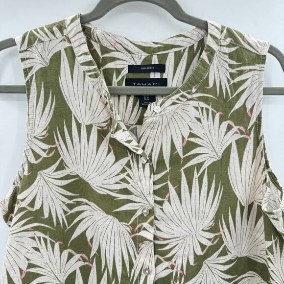 Tahari 100% Linen Tropical Floral Button Up Shirt Sz M Green Sleeveless Hawaiian - Picture 3 of 7